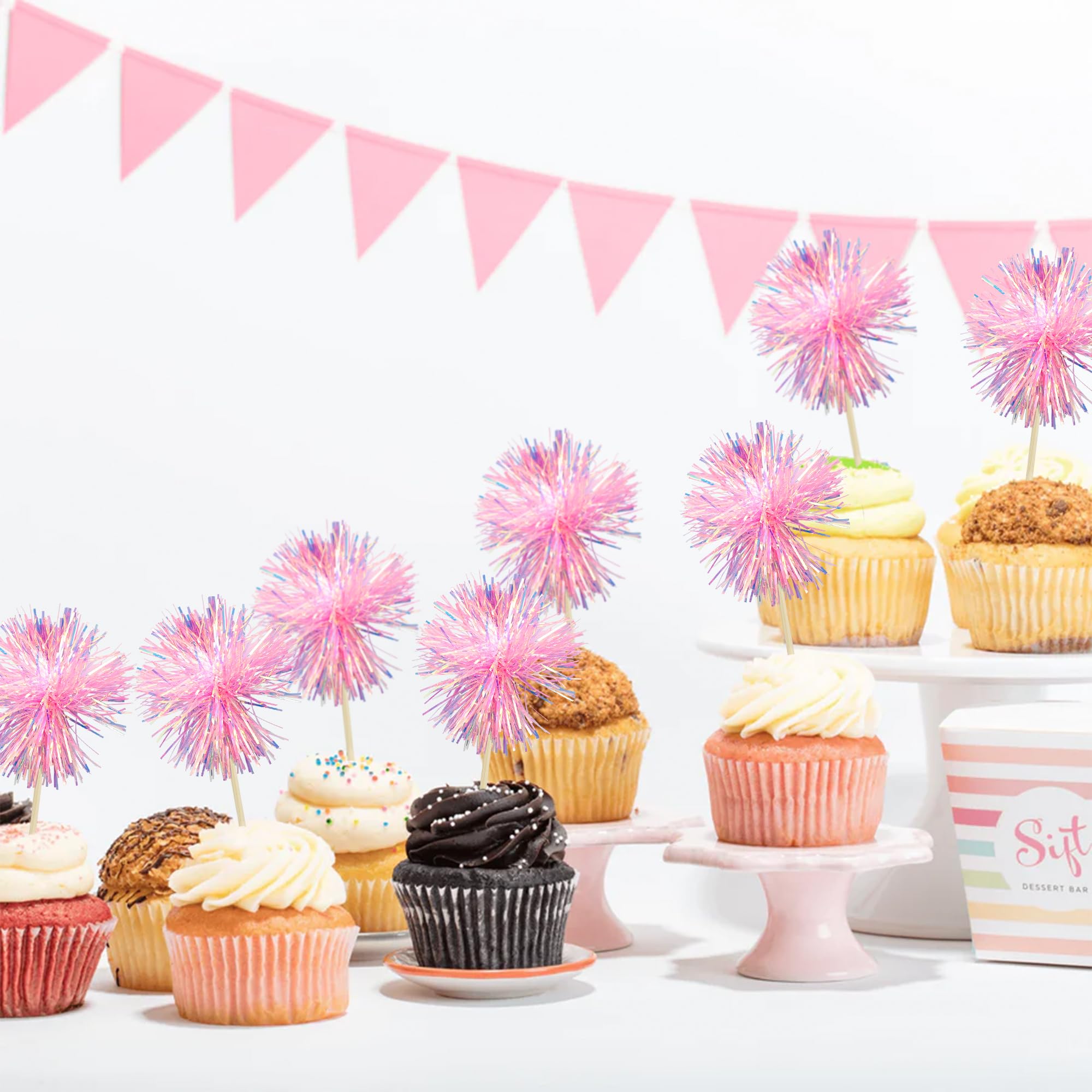 Gyufise 30Pcs Foil Firework Cupcake Toppers – Sparkle Tinsel Cake Decorations for Birthday, Wedding & Party (Dark Pink)
