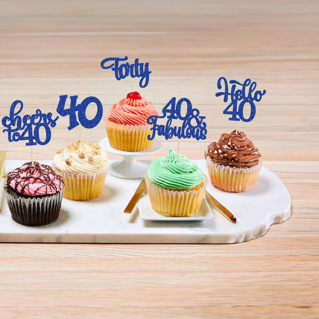 Gyufise 24Pcs Happy 40th Birthday Cupcake Toppers – Deep Blue Glitter, Cheers to 40 Years Old Party Decor