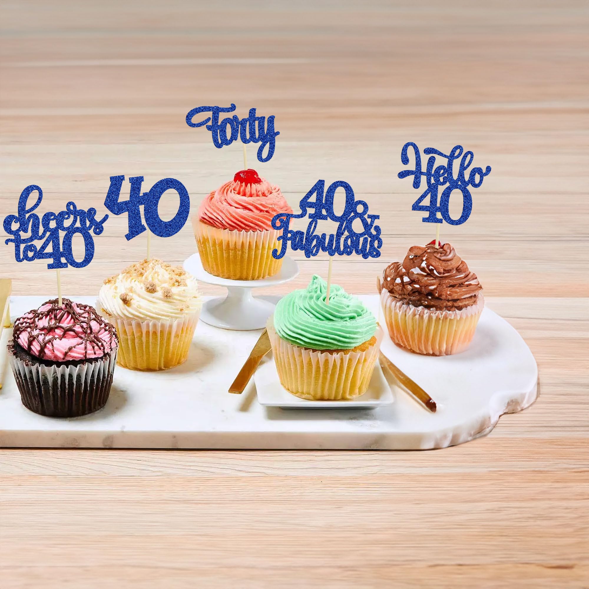 Gyufise 24Pcs Happy 40th Birthday Cupcake Toppers – Deep Blue Glitter, Cheers to 40 Years Old Party Decor