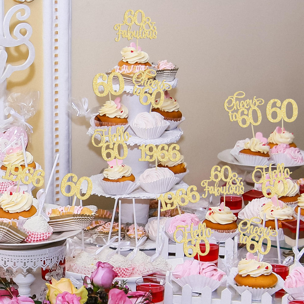 Gyufise 30Pcs 60th Birthday Cupcake Toppers – Gold Cake Decorations for 60th Birthday & Anniversary
