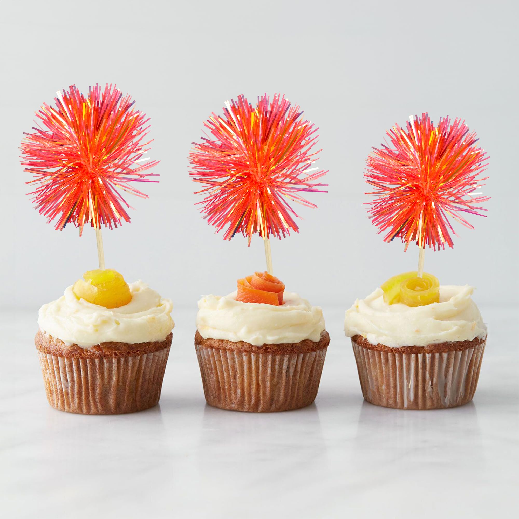 Gyufise 30Pcs Foil Firework Cupcake Toppers Dark Orange – Sparkle Tinsel Cake Decorations for Birthday Parties