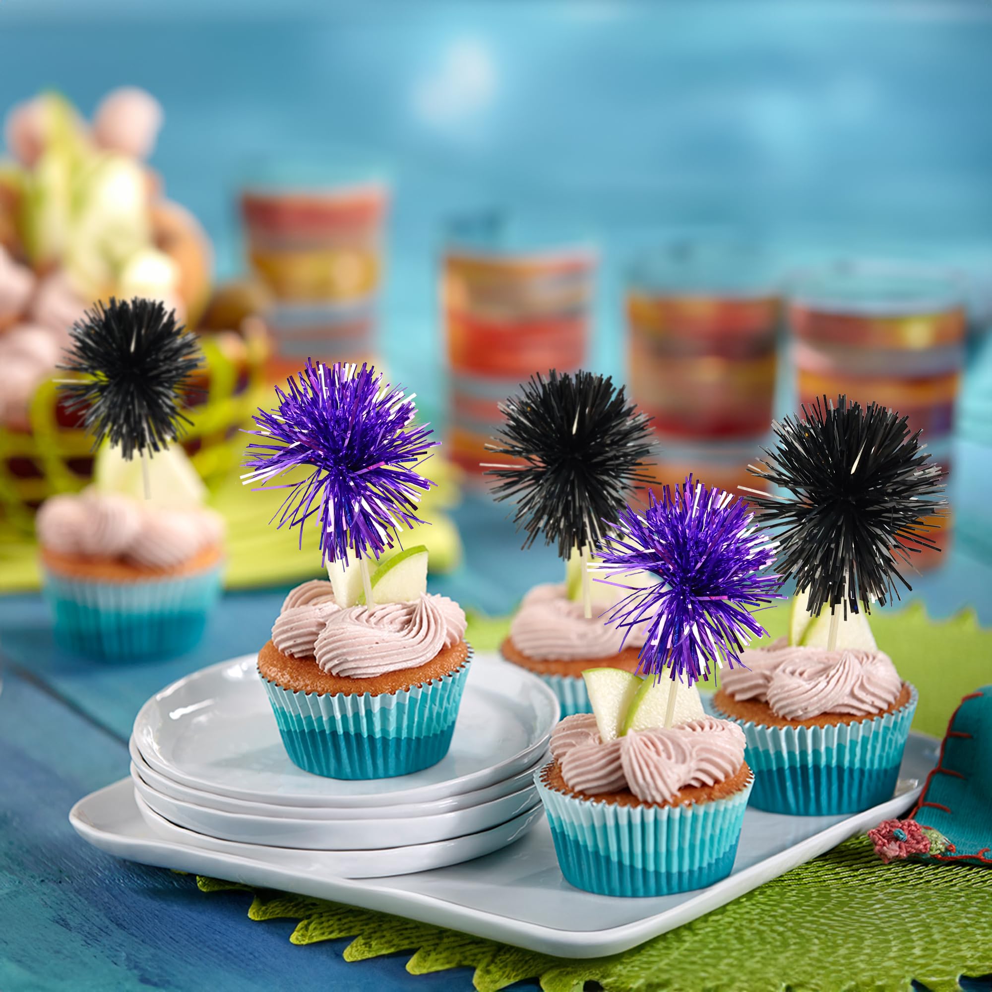 Gyufise 30Pcs Foil Firework Cupcake Toppers – Sparkle Tinsel Decorations