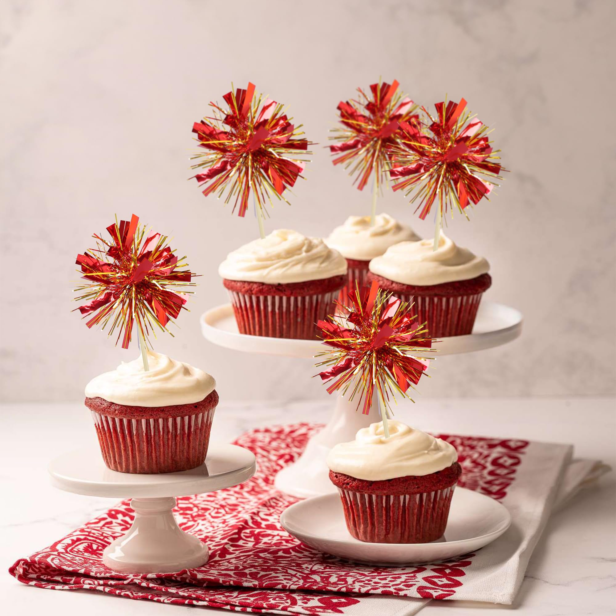 Gyufise 30Pcs Foil Firework Cupcake Toppers – Sparkle Gold & Red Tinsel Cake Picks