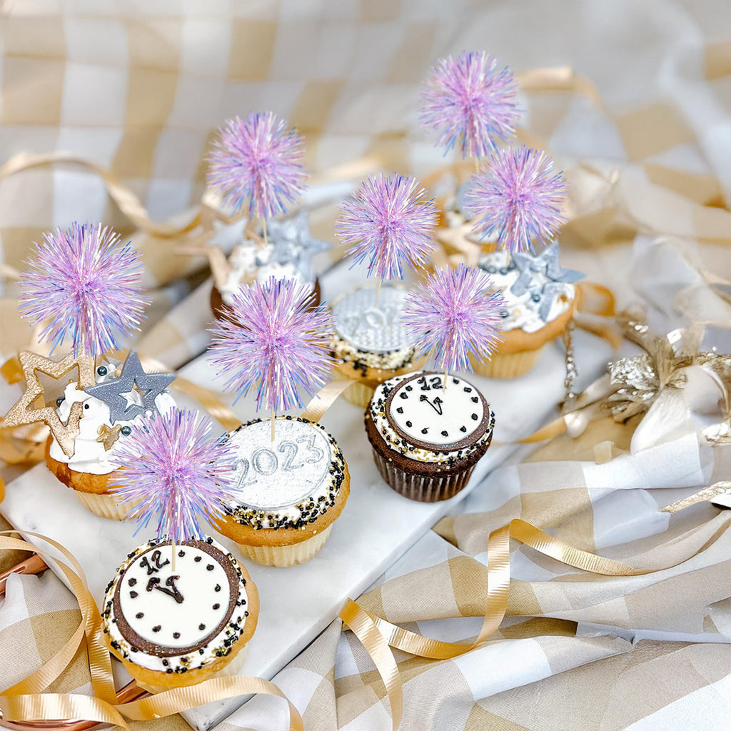 Gyufise 30Pcs Foil Firework Cupcake Toppers – Laser Purple Sparkle