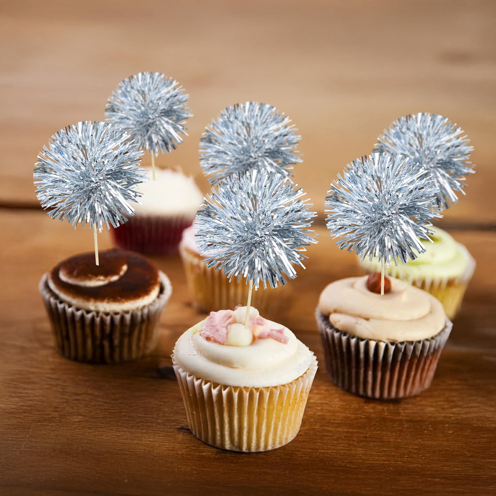 Gyufise 30Pcs Foil Firework Cupcake Toppers - Dark Silver Sparkle