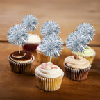 Gyufise 30Pcs Foil Firework Cupcake Toppers - Dark Silver Sparkle