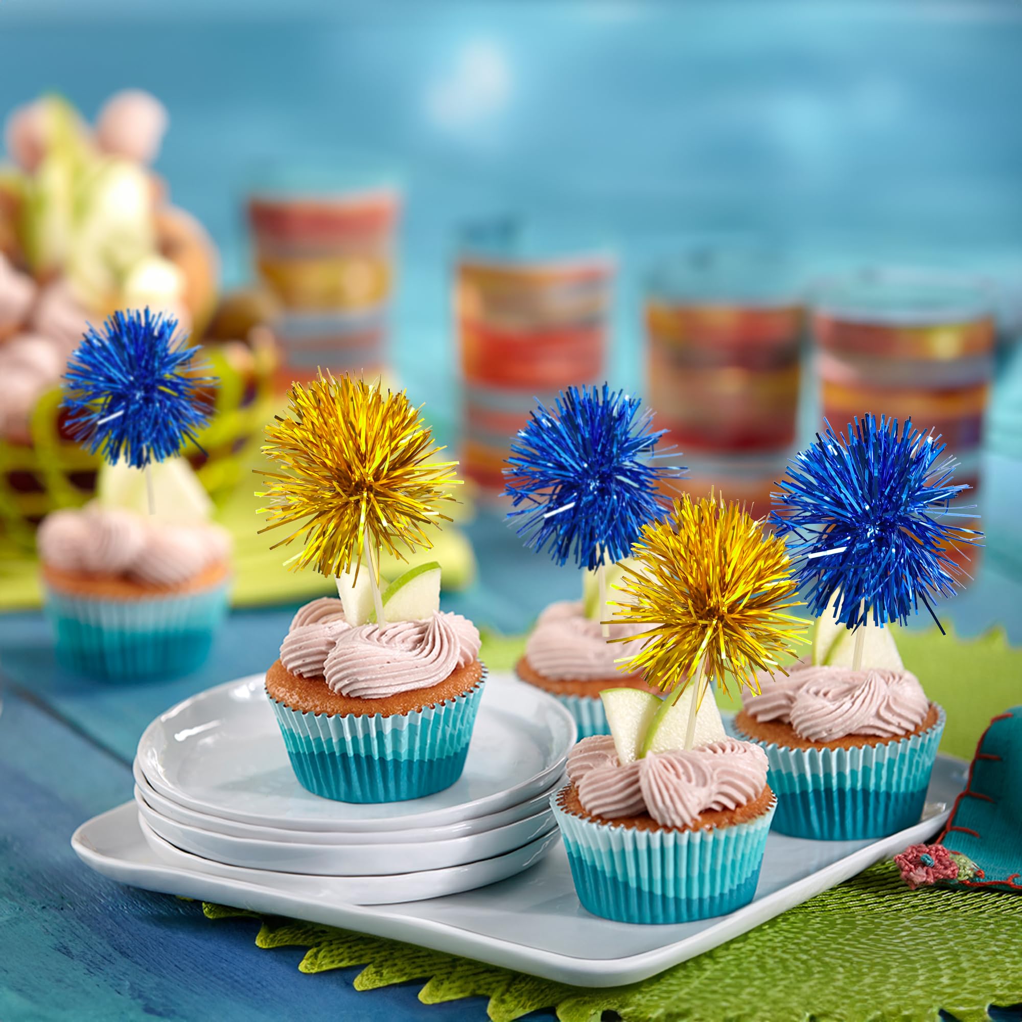 Gyufise 30Pcs Foil Firework Cupcake Toppers – Gold & Dark Blue Sparkle Tinsel Cake Picks