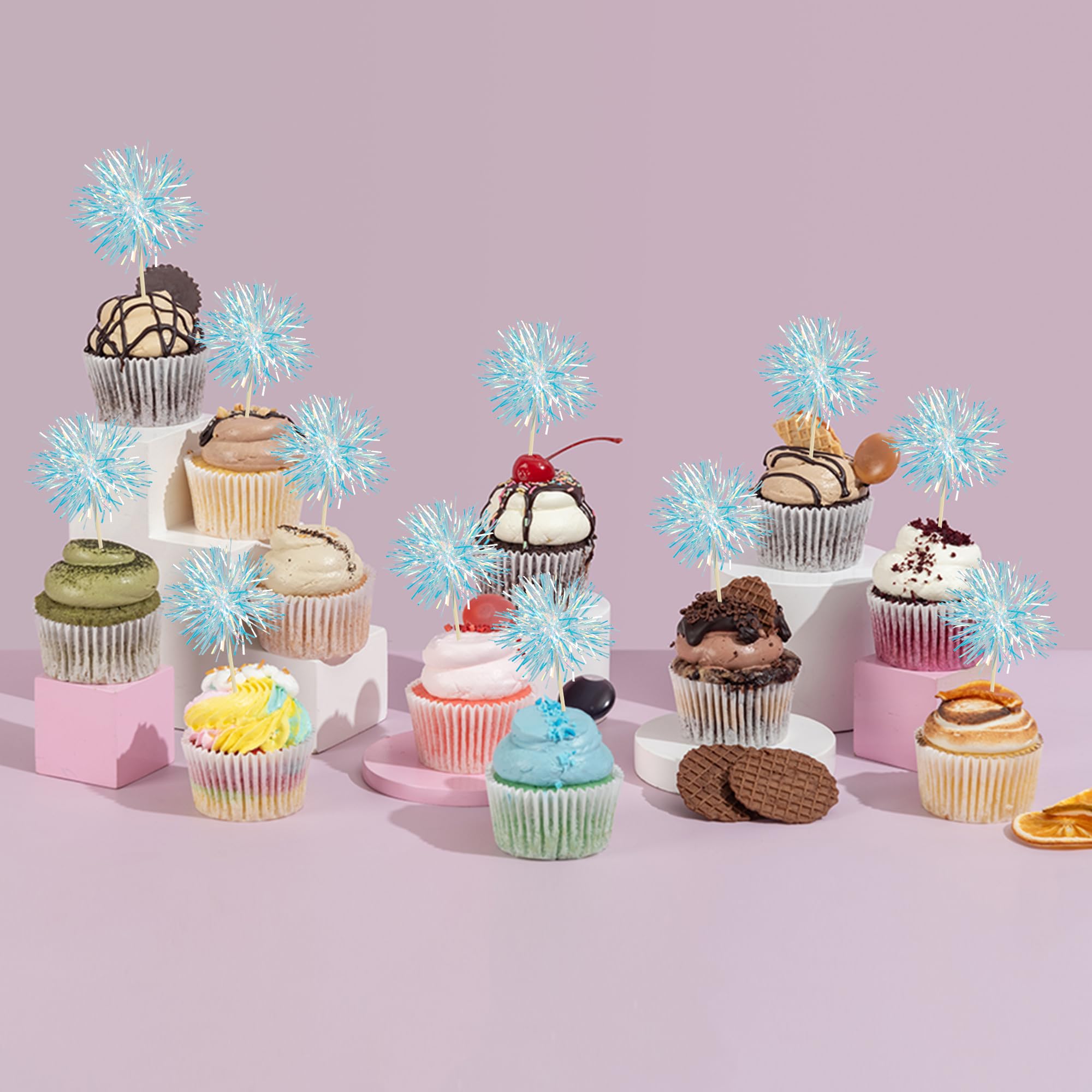 Gyufise 30Pcs Foil Firework Cupcake Toppers – Sparkle Tinsel Cake Decorations