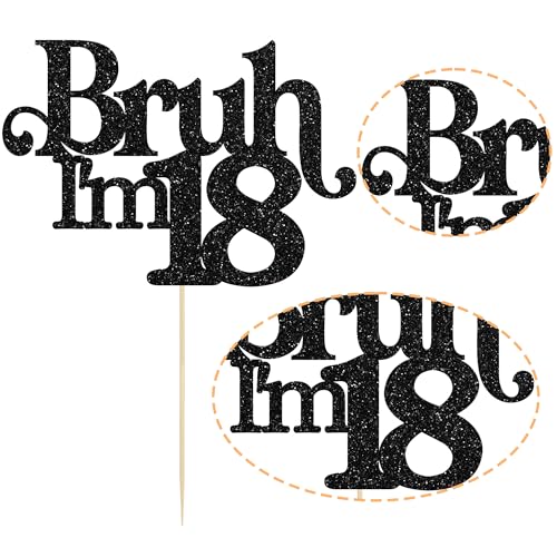 Gyufise 1 Pack Bruh I'm 18 Cake Topper - Black Glitter | 18th Birthday Party Decor