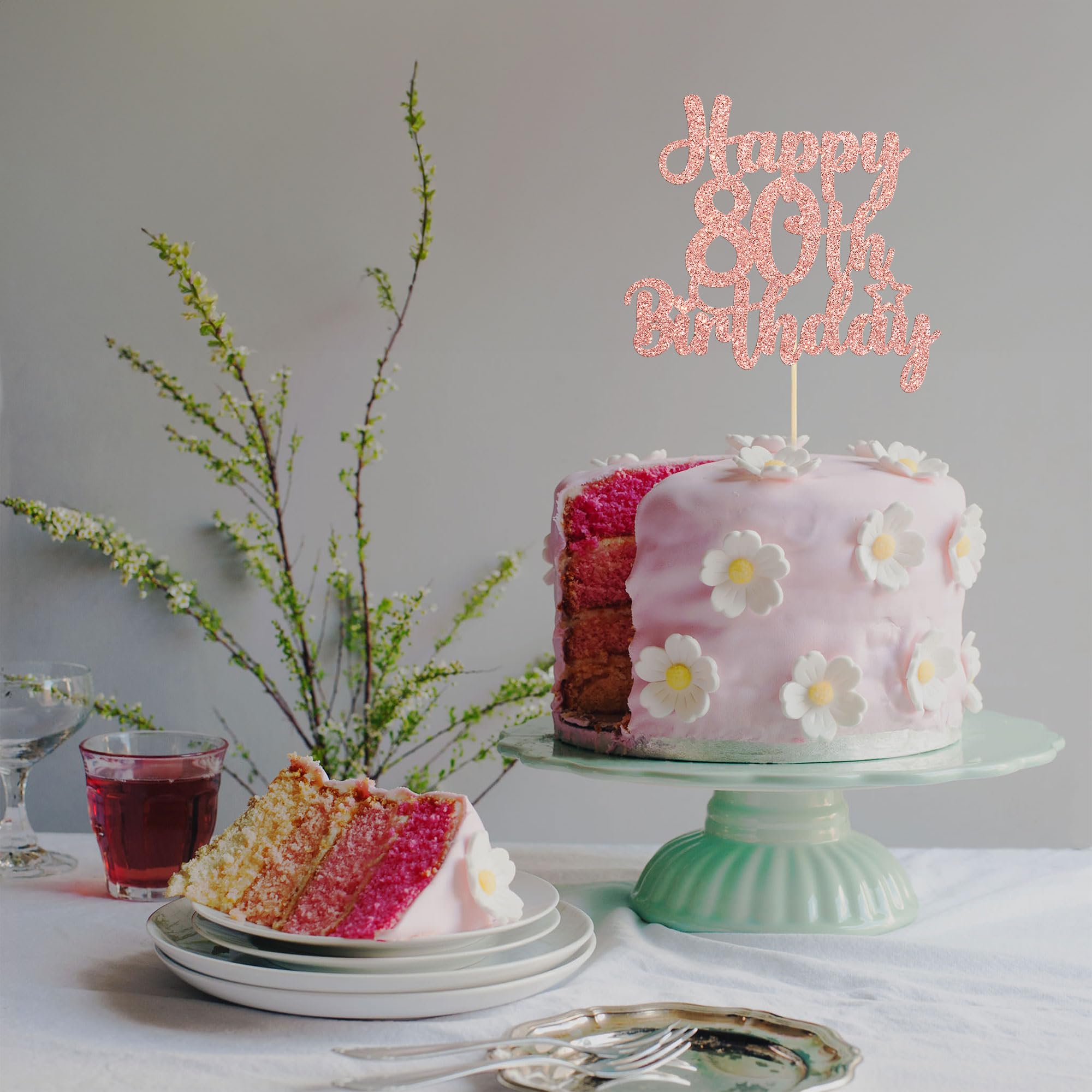 Gyufise 1Pc Happy 80th Birthday Cake Topper – Rose Gold Glitter, Cheers to 80 Years