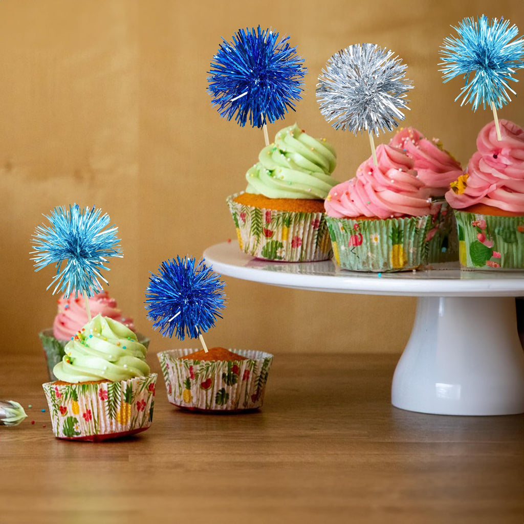 Gyufise 30Pcs Foil Firework Cupcake Toppers – Sparkle Tinsel Cake Decorations for Birthday Parties