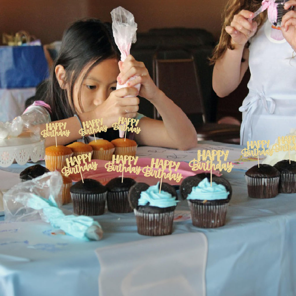 Gyufise 24Pcs Happy Birthday Cupcake Toppers - Gold Glitter Cake Picks for Birthday, Baby Shower & Party Decor