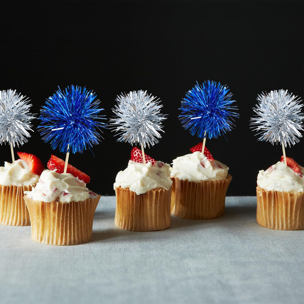 Gyufise 30 Pcs Foil Firework Cupcake Toppers – Sparkle Tinsel Cake Decorations for Birthday, Wedding & Party