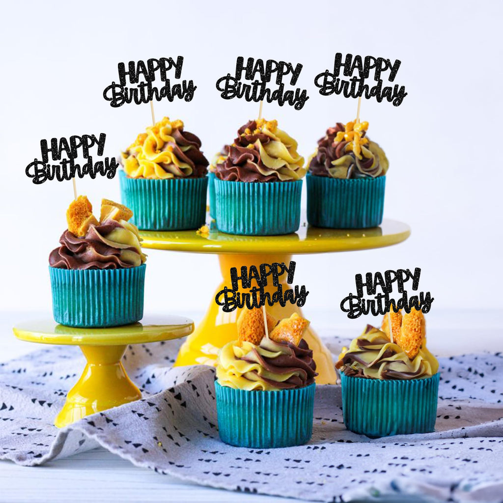 Gyufise Black Glitter Happy Birthday Cupcake Toppers – 24-Pack Cake Decorations