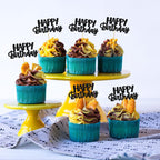 Gyufise Black Glitter Happy Birthday Cupcake Toppers – 24-Pack Cake Decorations