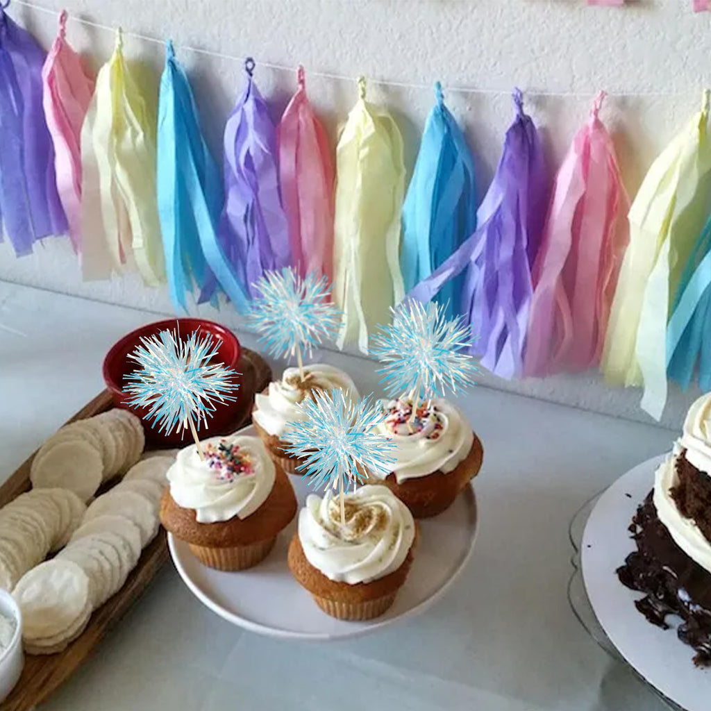 Gyufise 30Pcs Foil Firework Cupcake Toppers – Sparkle Tinsel Cake Decorations