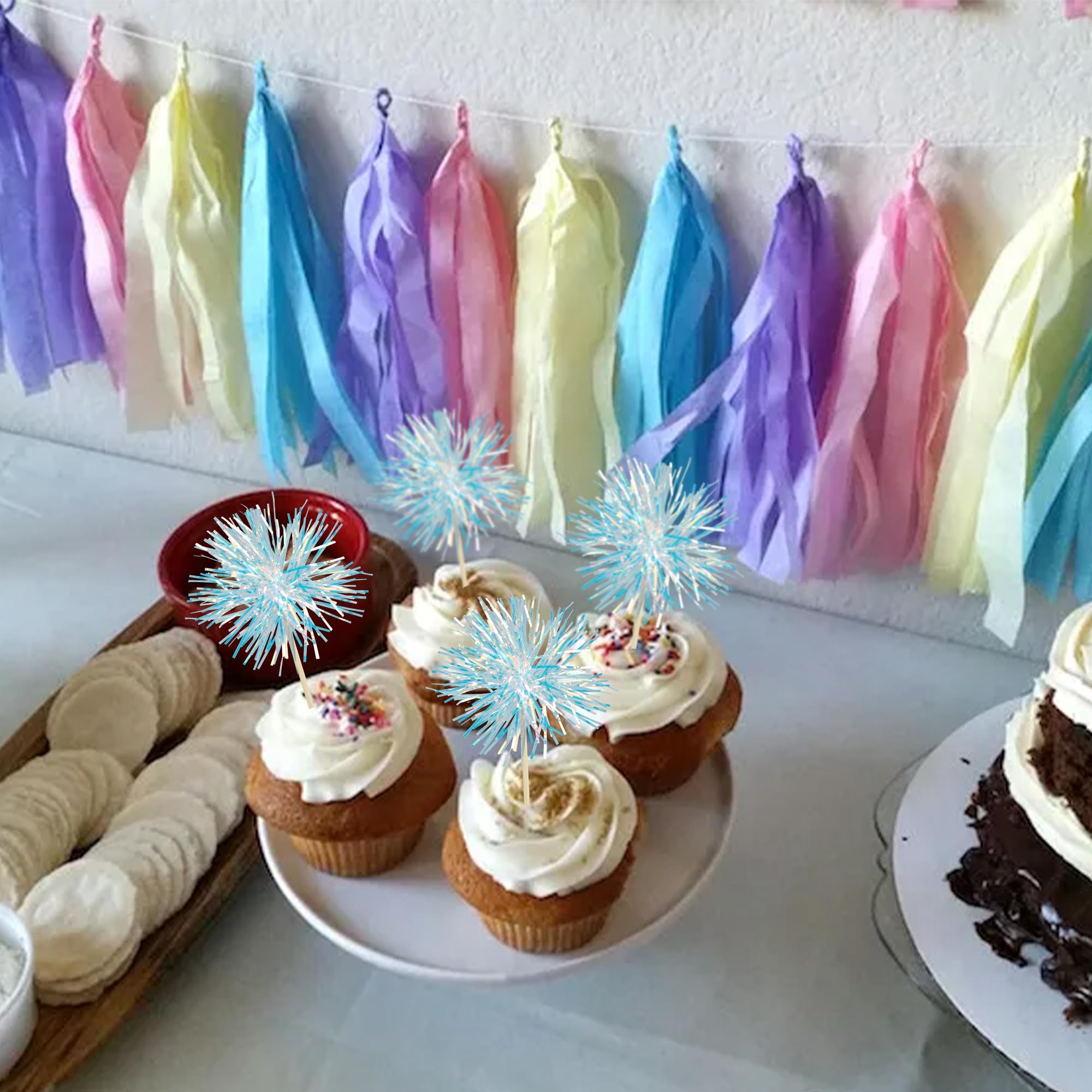Gyufise 30Pcs Foil Firework Cupcake Toppers – Sparkle Tinsel Cake Decorations