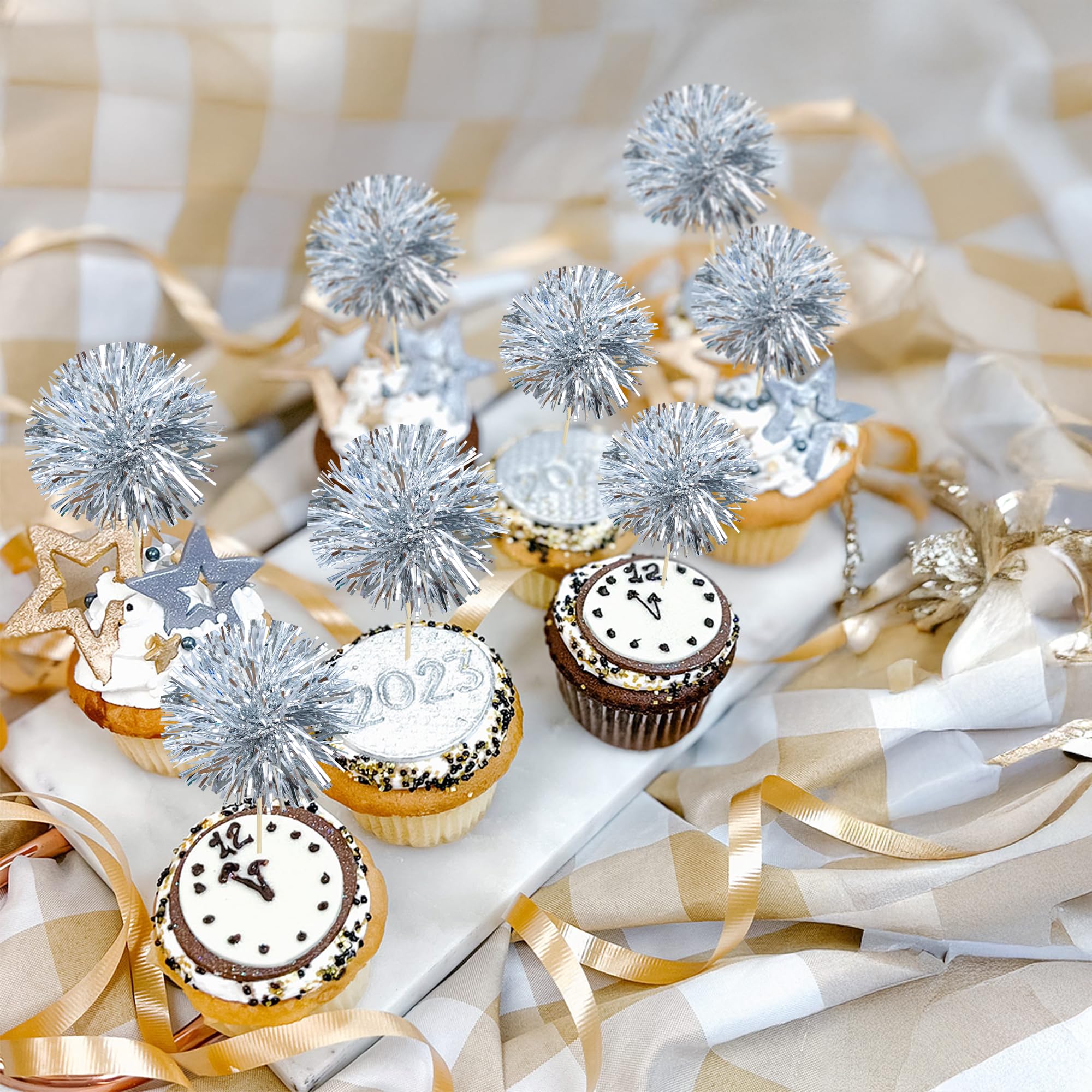 Gyufise 30Pcs Foil Firework Cupcake Toppers - Dark Silver Sparkle