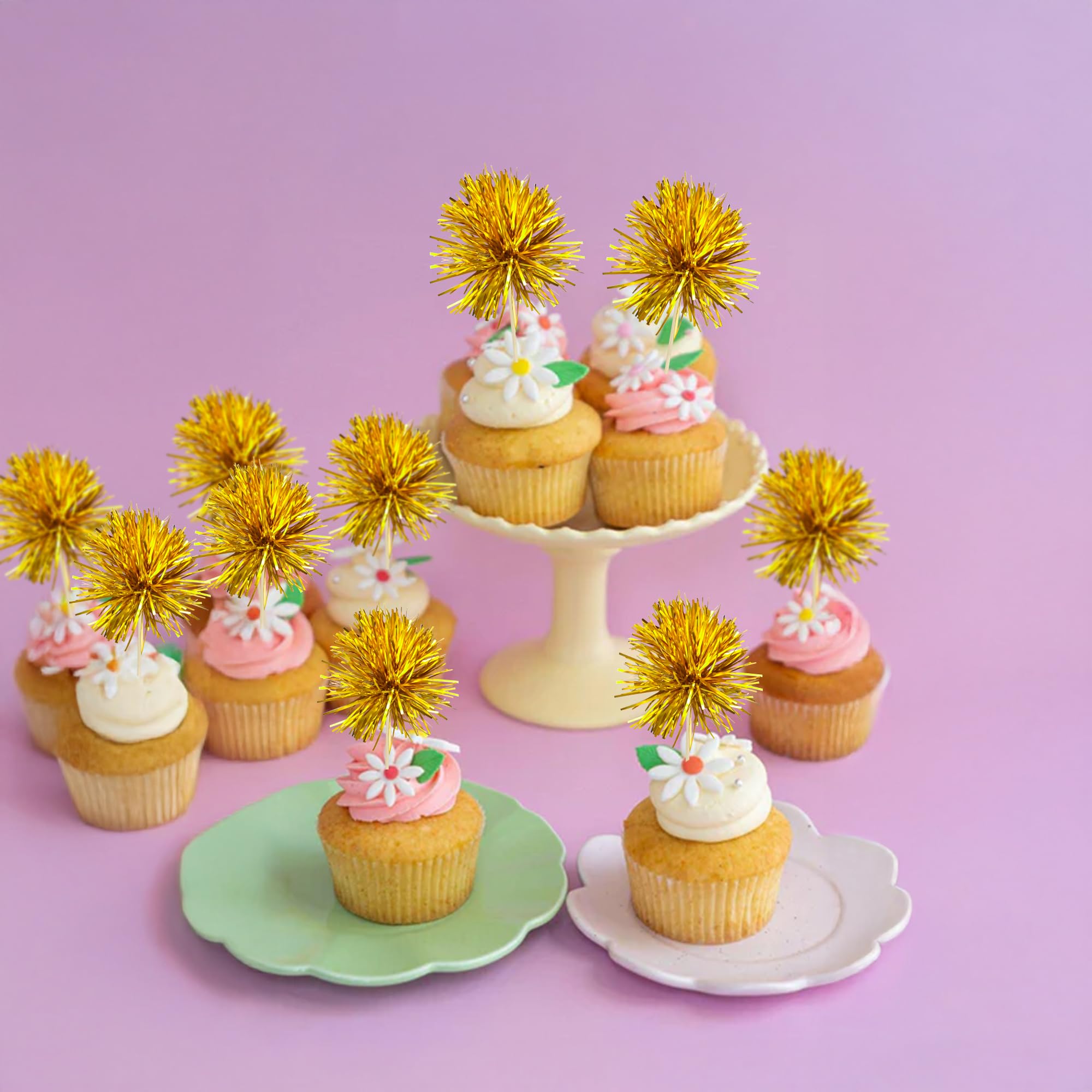 Gyufise 30Pcs Foil Firework Cupcake Toppers in Dark Gold – Sparkle Tinsel Cake Decorations