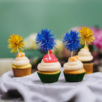Gyufise 30Pcs Foil Firework Cupcake Toppers – Gold & Dark Blue Sparkle Tinsel Cake Picks