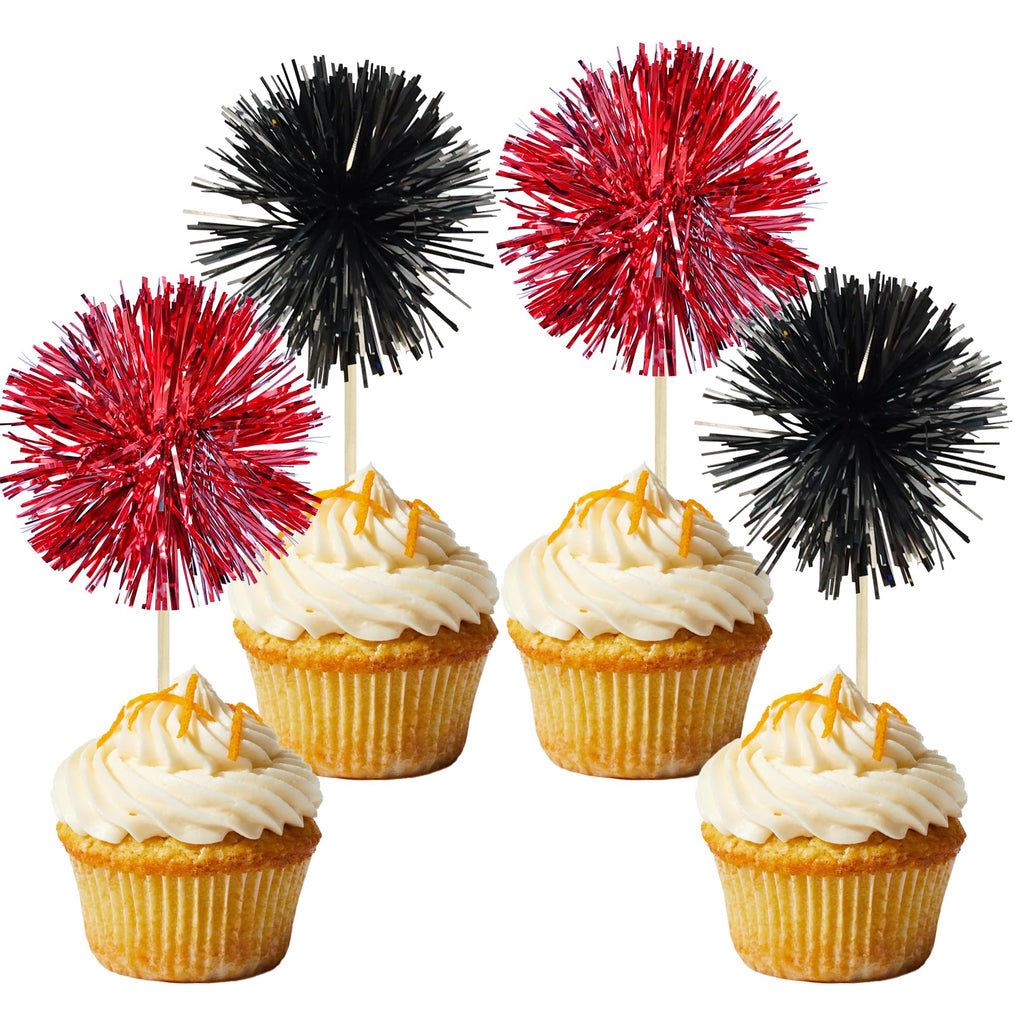 Gyufise 30Pcs Foil Firework Cupcake Toppers – Sparkle Tinsel Cake Picks for Parties