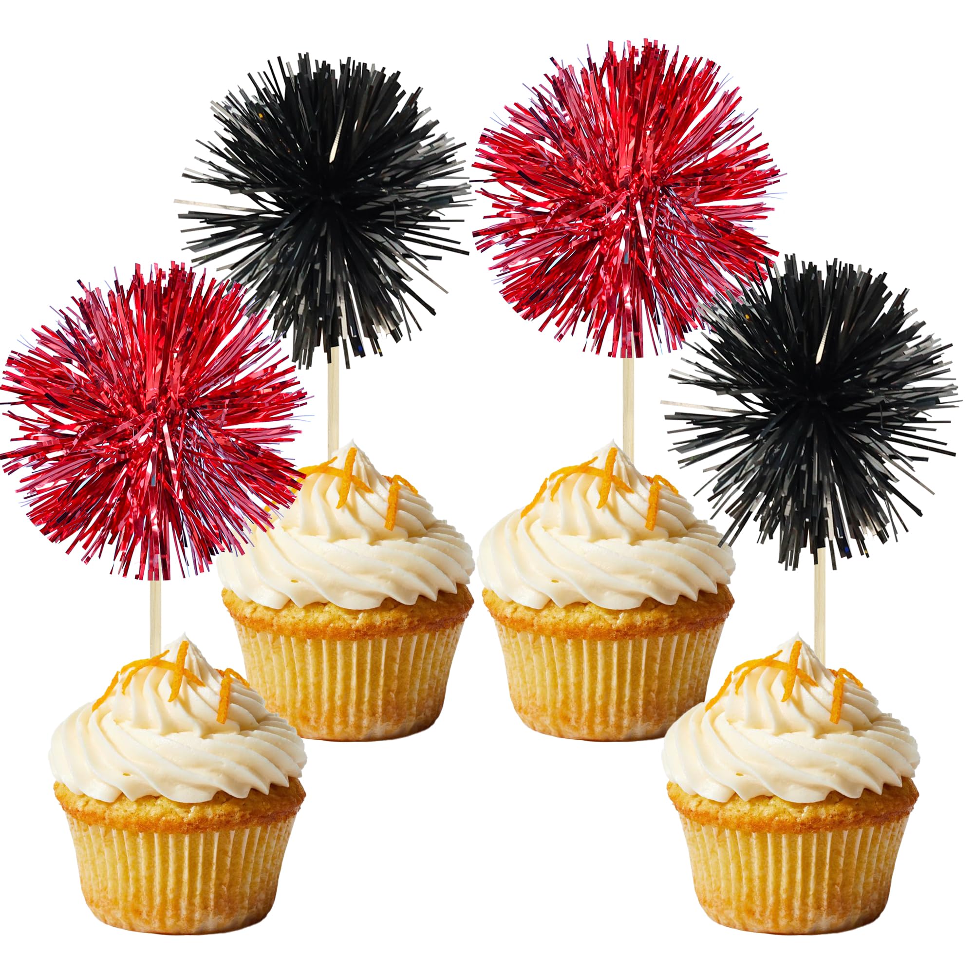 Gyufise 30Pcs Foil Firework Cupcake Toppers – Sparkle Tinsel Cake Picks for Parties