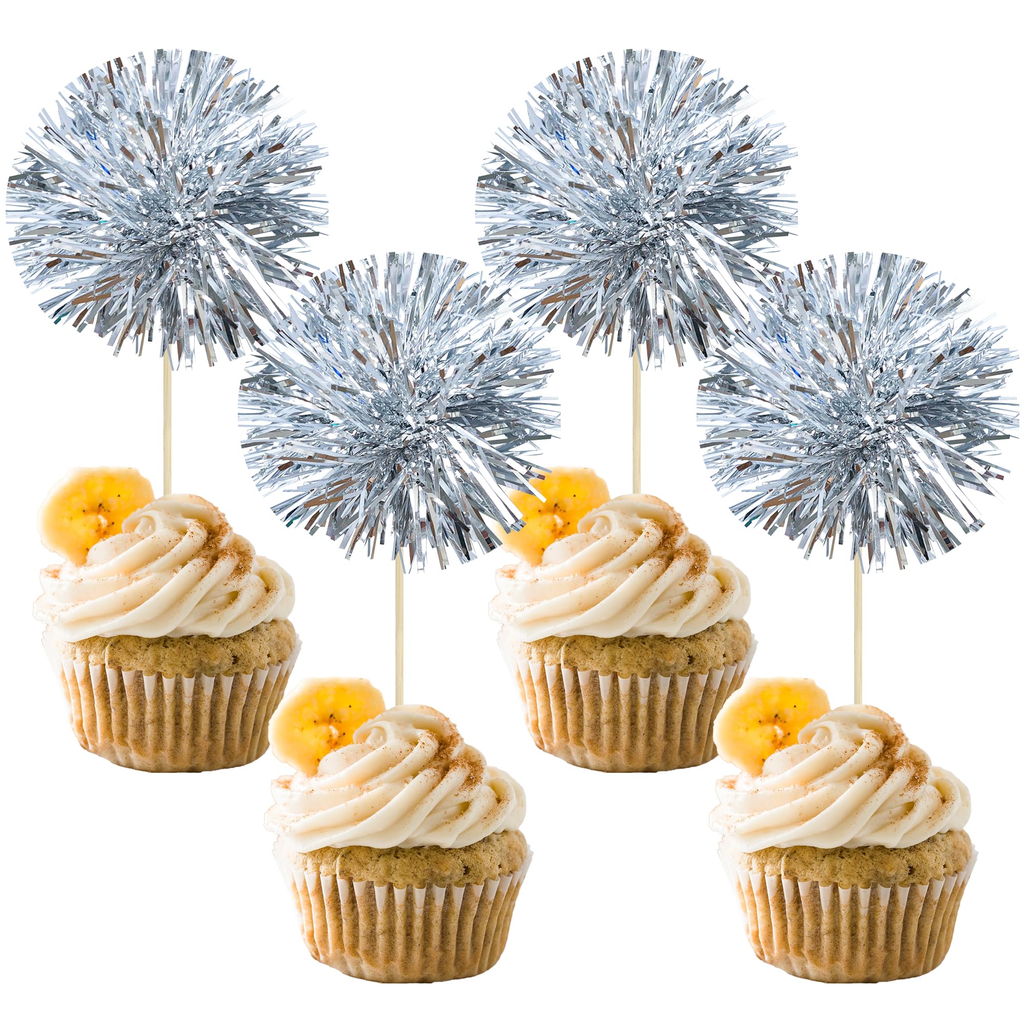 Gyufise 30Pcs Foil Firework Cupcake Toppers - Dark Silver Sparkle