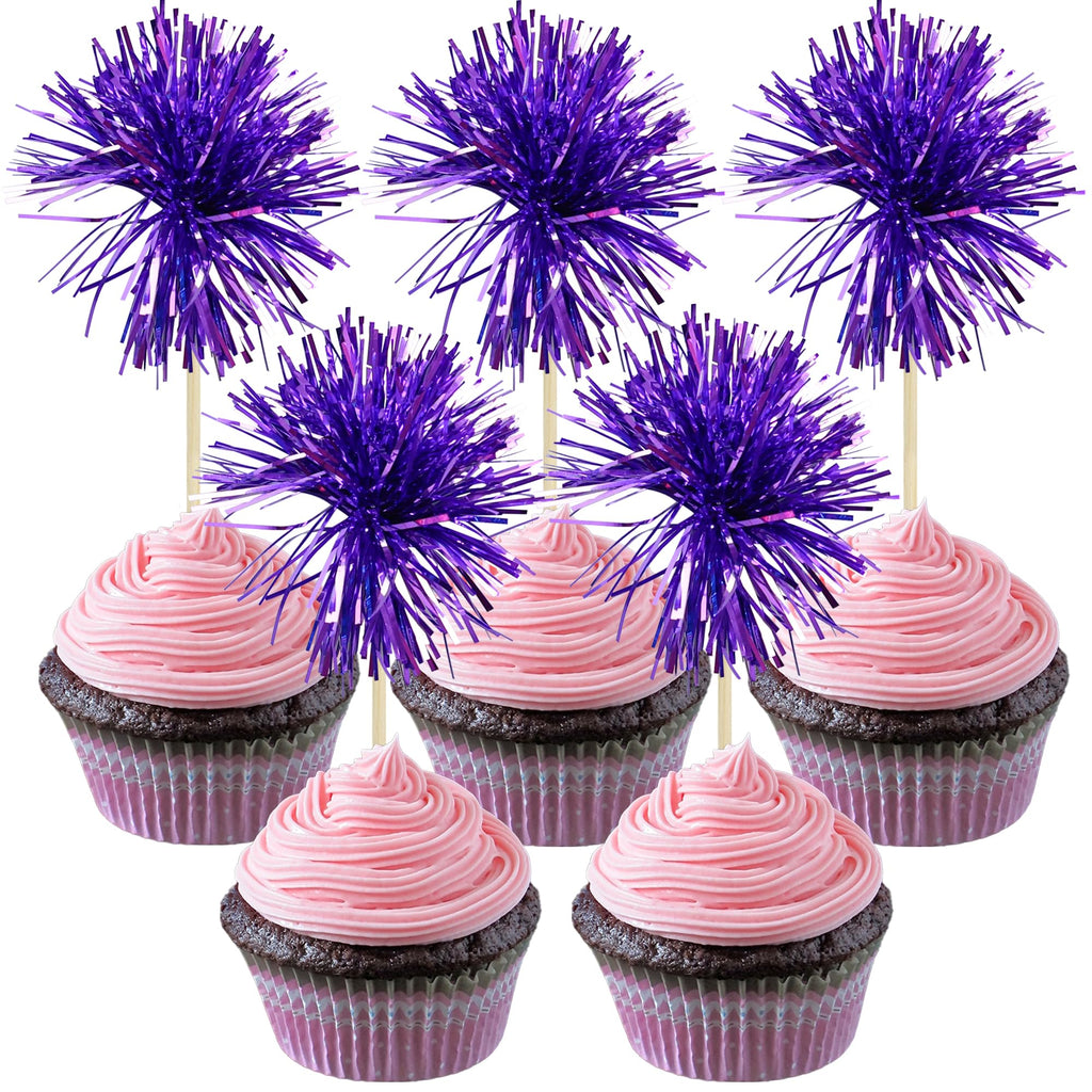 Gyufise 30Pcs Foil Firework Cupcake Toppers – Sparkle Tinsel Cake Decorations (Dark Purple) for Birthday, Wedding & Party