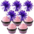 Gyufise 30Pcs Foil Firework Cupcake Toppers – Sparkle Tinsel Cake Decorations (Dark Purple) for Birthday, Wedding & Party