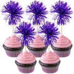 Gyufise 30Pcs Foil Firework Cupcake Toppers – Sparkle Tinsel Cake Decorations (Dark Purple) for Birthday, Wedding & Party