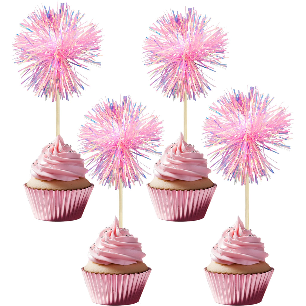 Gyufise 30Pcs Foil Firework Cupcake Toppers – Sparkle Tinsel Cake Decorations for Birthday, Wedding & Party (Dark Pink)