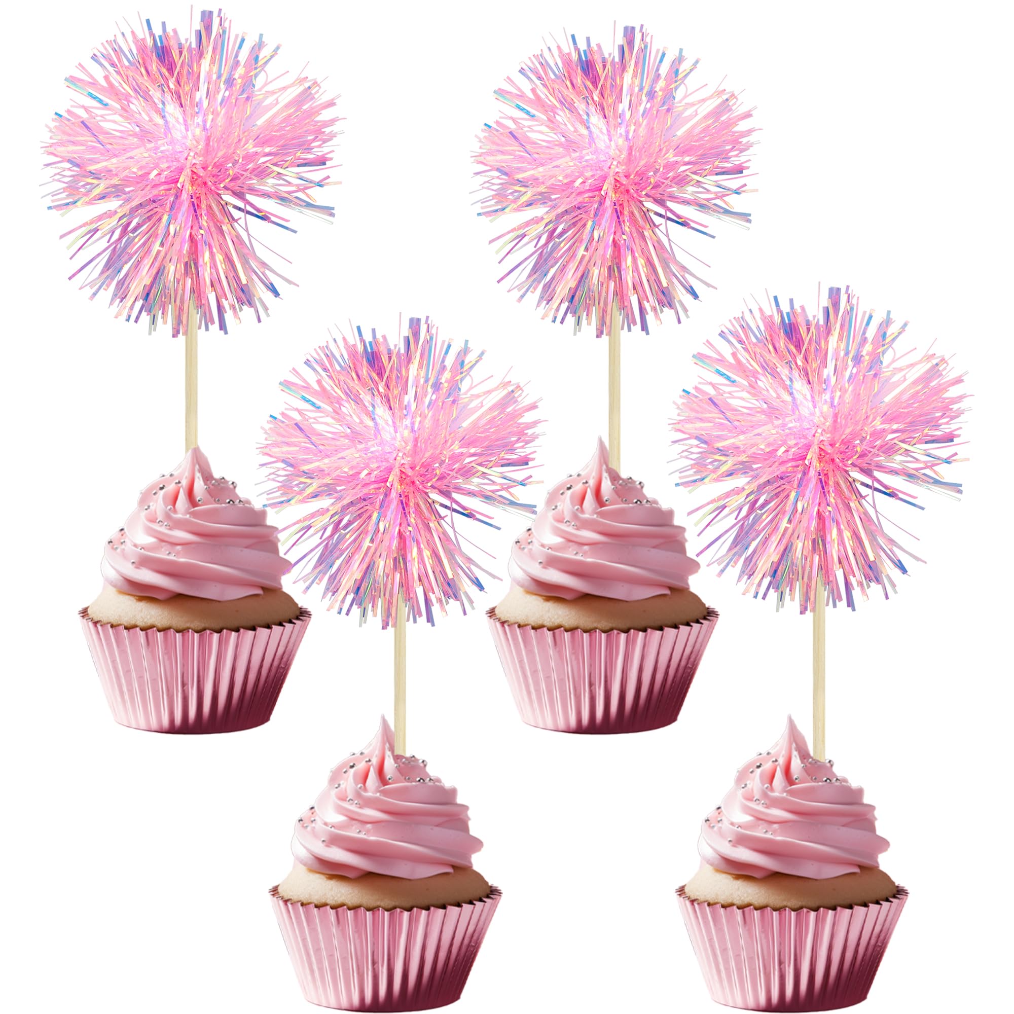 Gyufise 30Pcs Foil Firework Cupcake Toppers – Sparkle Tinsel Cake Decorations for Birthday, Wedding & Party (Dark Pink)