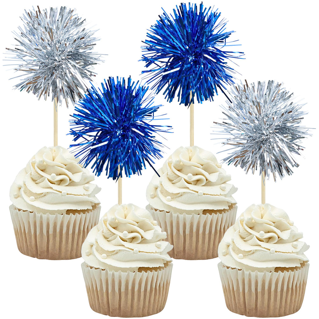 Gyufise 30 Pcs Foil Firework Cupcake Toppers – Sparkle Tinsel Cake Decorations for Birthday, Wedding & Party