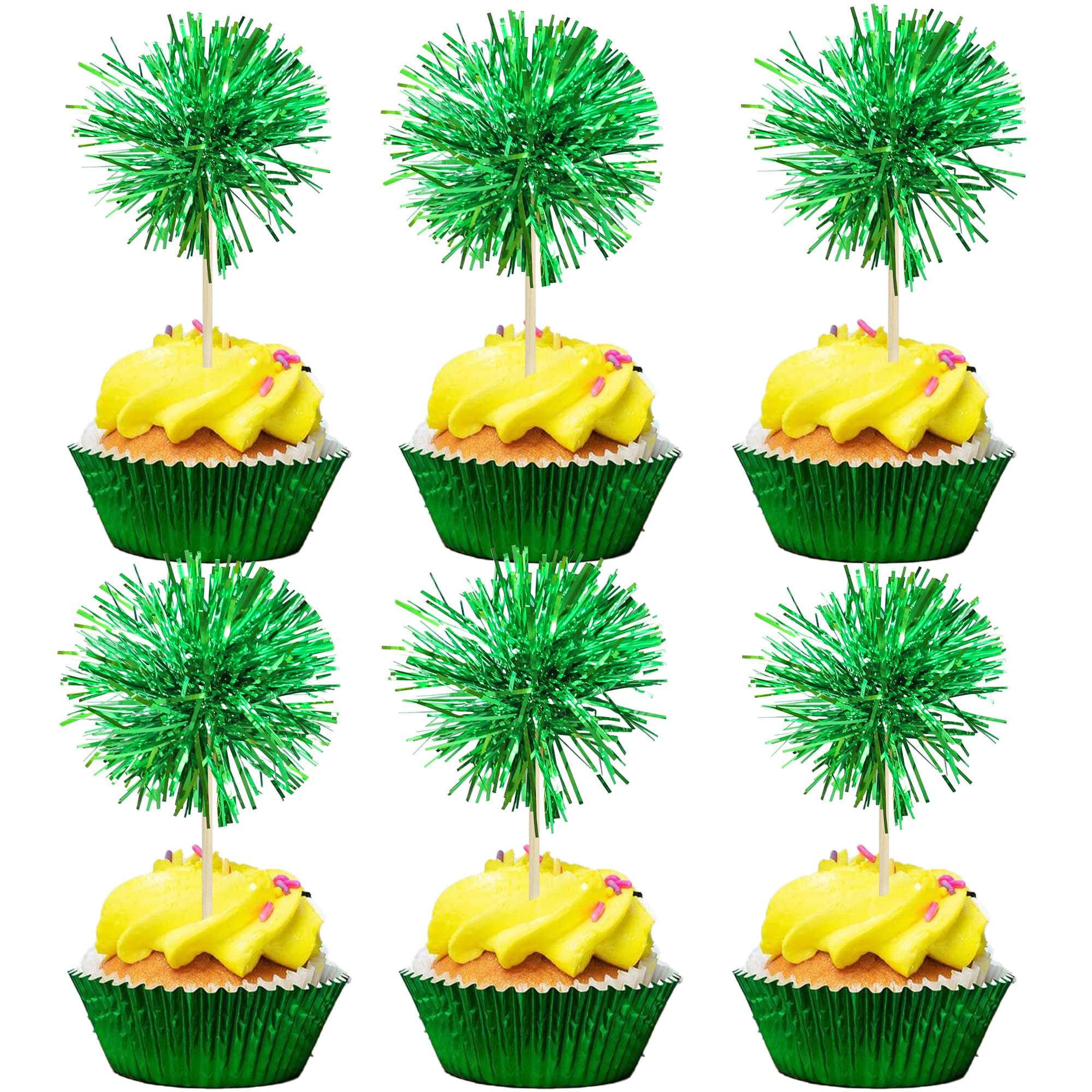 Gyufise 30Pcs Foil Firework Cupcake Toppers – Sparkle Tinsel Decorations, Dark Green