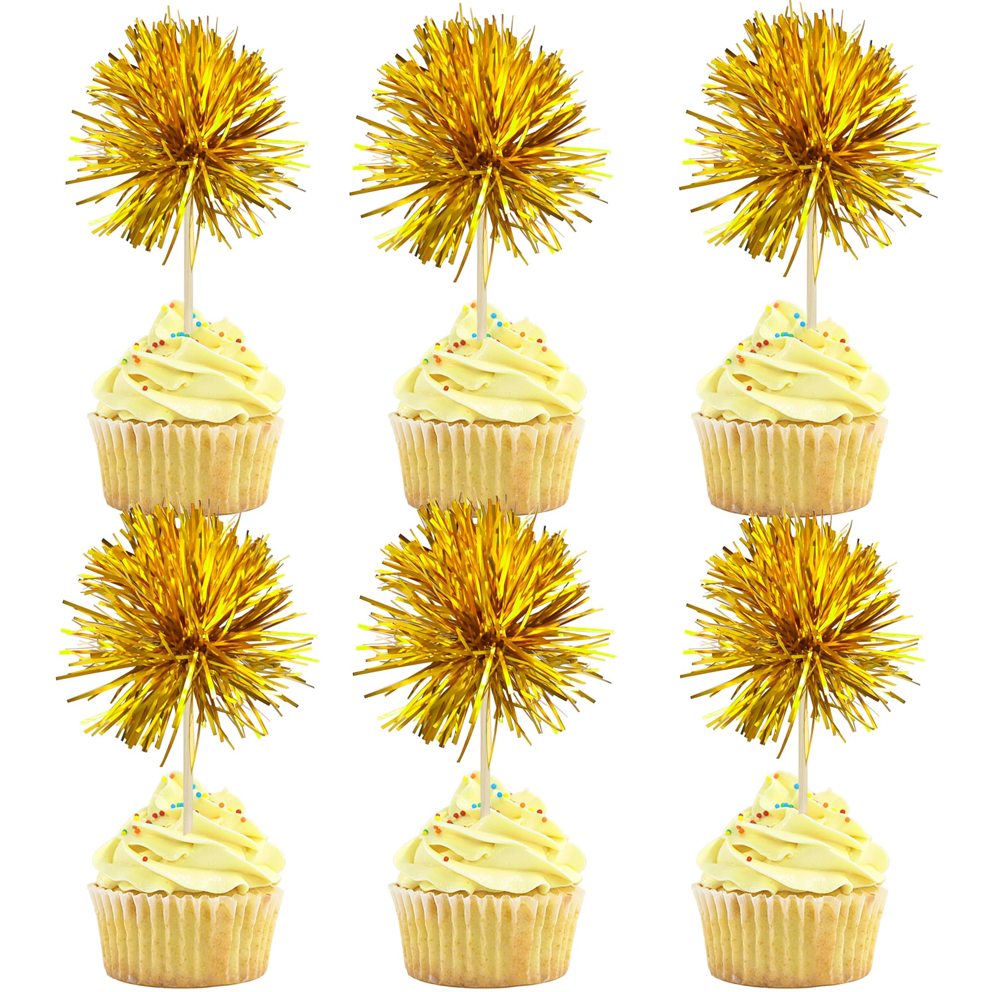 Gyufise 30Pcs Foil Firework Cupcake Toppers in Dark Gold – Sparkle Tinsel Cake Decorations