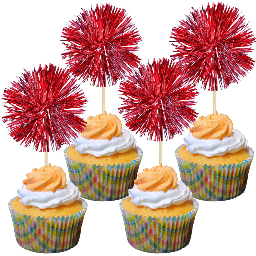 Gyufise 30Pcs Foil Firework Cupcake Toppers – Sparkle Tinsel Cake Picks, Dark Red