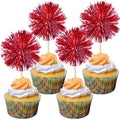 Gyufise 30Pcs Foil Firework Cupcake Toppers – Sparkle Tinsel Cake Picks, Dark Red
