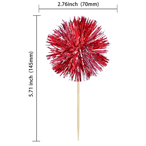Gyufise 30Pcs Foil Firework Cupcake Toppers – Sparkle Tinsel Cake Picks, Dark Red