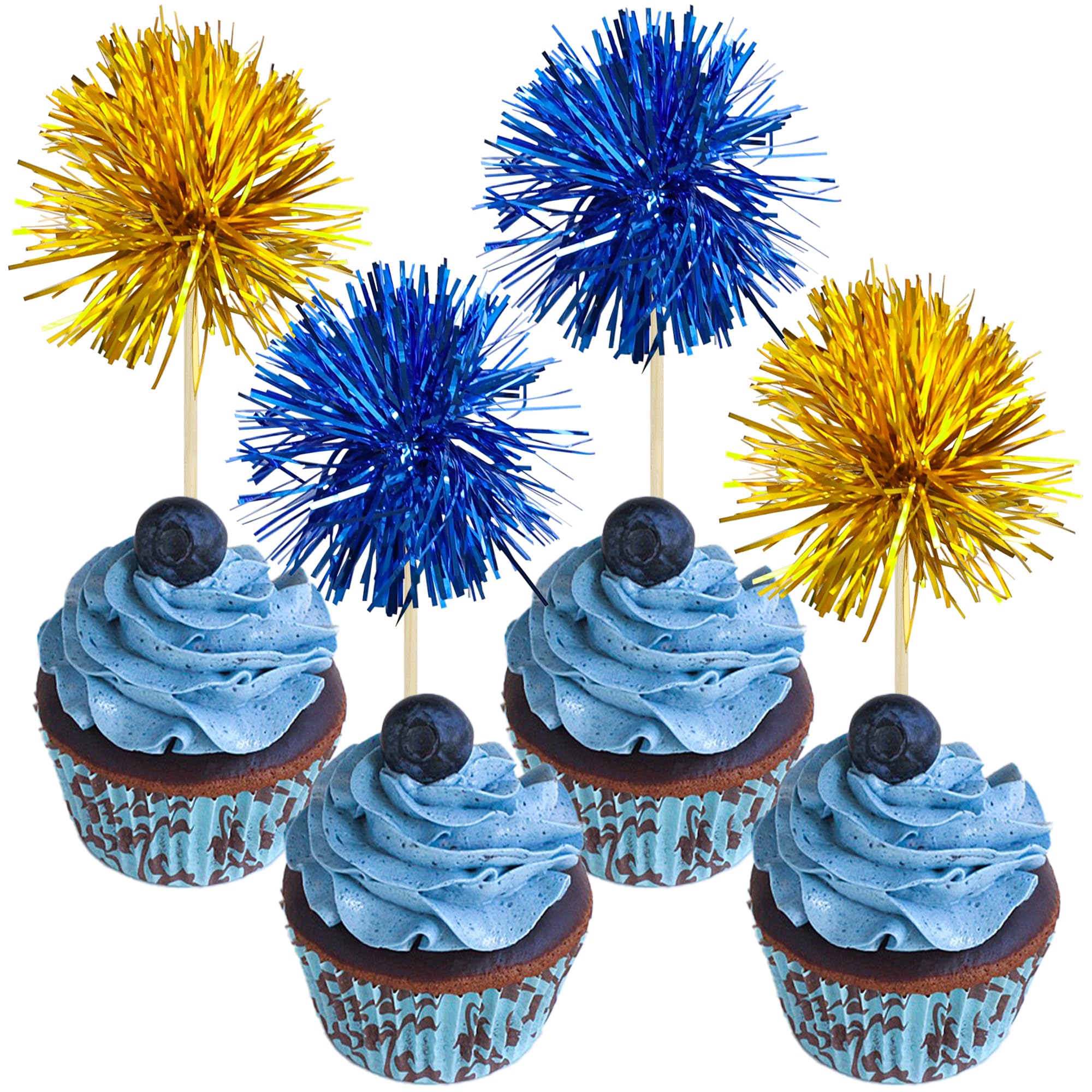 Gyufise 30Pcs Foil Firework Cupcake Toppers – Gold & Dark Blue Sparkle Tinsel Cake Picks