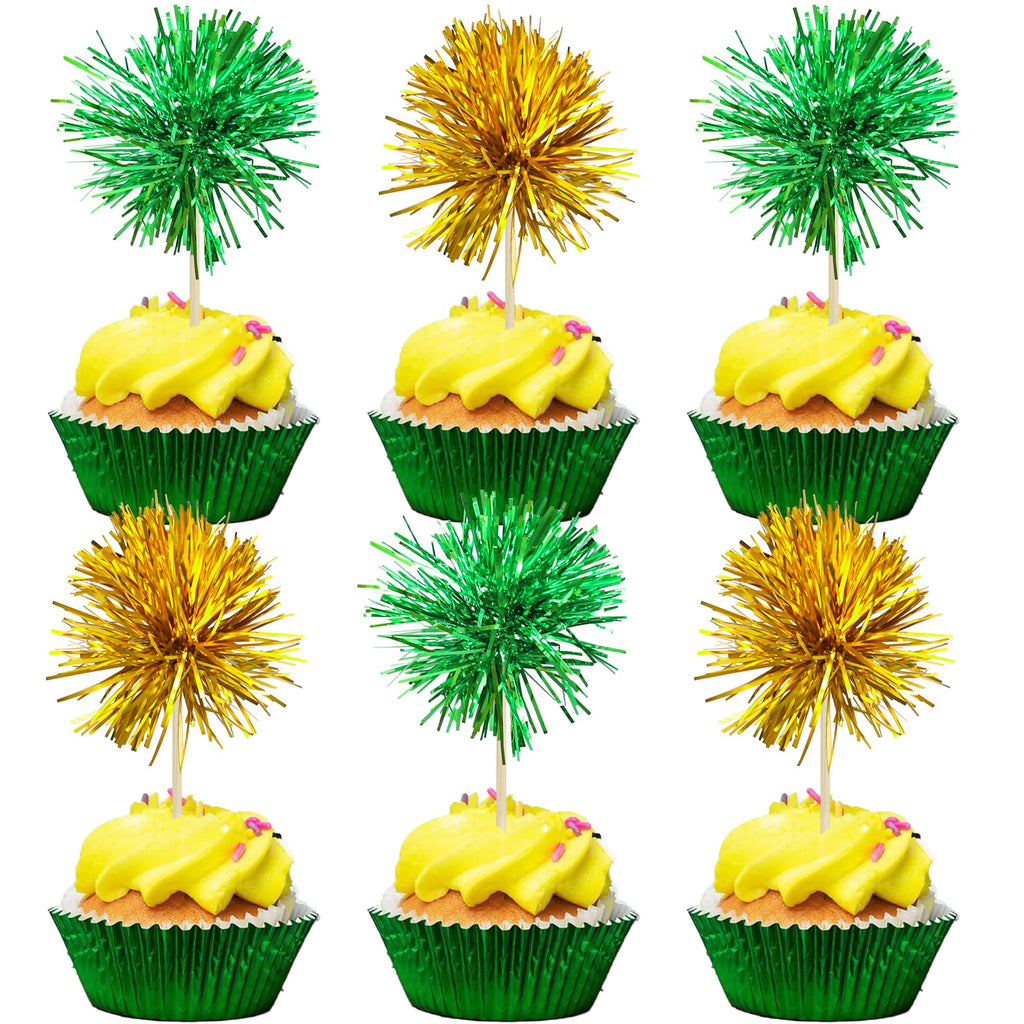 Gyufise 30Pcs Foil Firework Cupcake Toppers – Sparkle Gold & Green Party Picks
