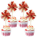 Gyufise 30Pcs Foil Firework Cupcake Toppers – Sparkle Gold & Red Tinsel Cake Picks