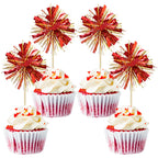 Gyufise 30Pcs Foil Firework Cupcake Toppers – Sparkle Gold & Red Tinsel Cake Picks
