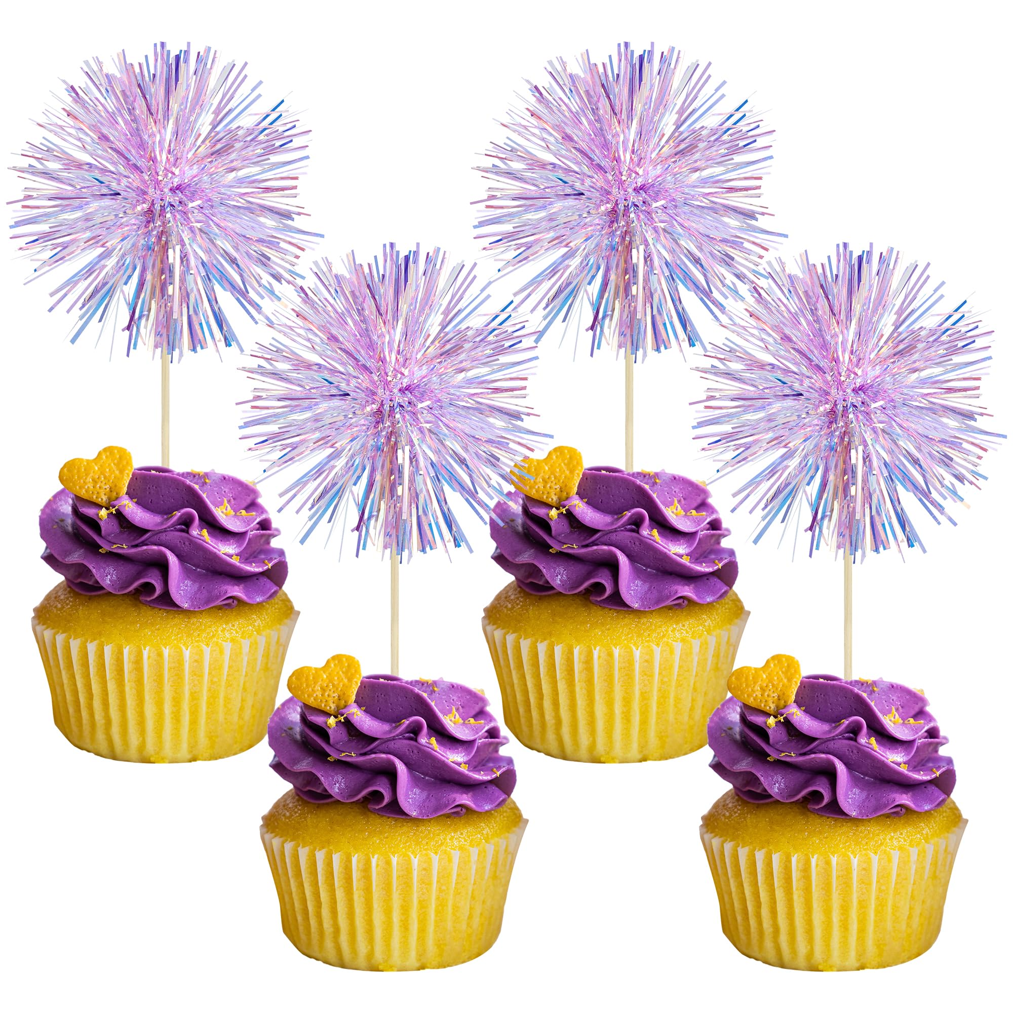 Gyufise 30Pcs Foil Firework Cupcake Toppers – Laser Purple Sparkle