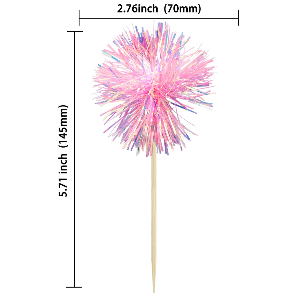 Gyufise 30Pcs Foil Firework Cupcake Toppers – Sparkle Tinsel Cake Decorations for Birthday, Wedding & Party (Dark Pink)