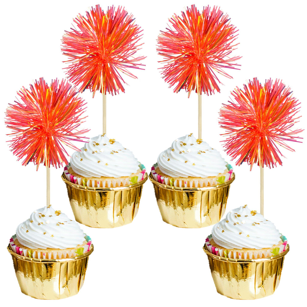 Gyufise 30Pcs Foil Firework Cupcake Toppers Dark Orange – Sparkle Tinsel Cake Decorations for Birthday Parties