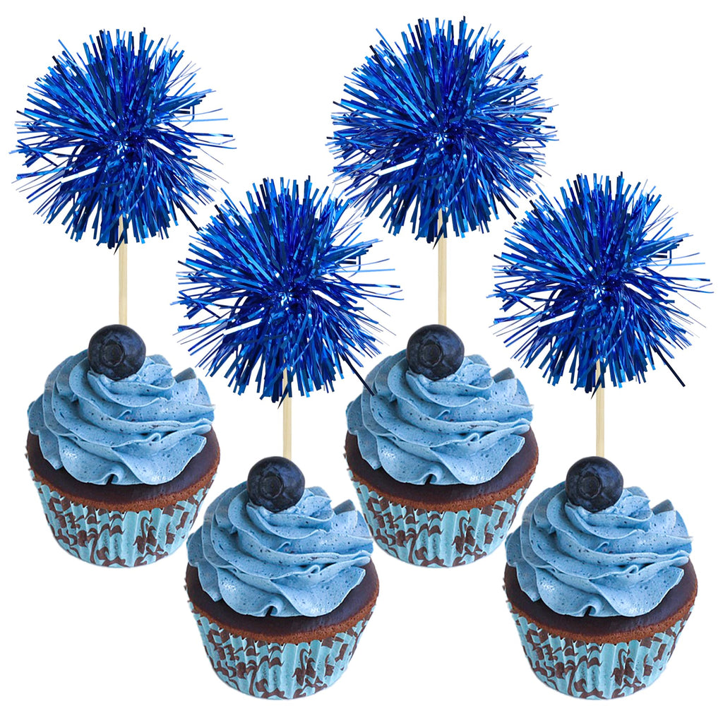 Gyufise 30Pcs Foil Firework Cupcake Toppers - Sparkle Tinsel Cake Decor (Dark Blue)