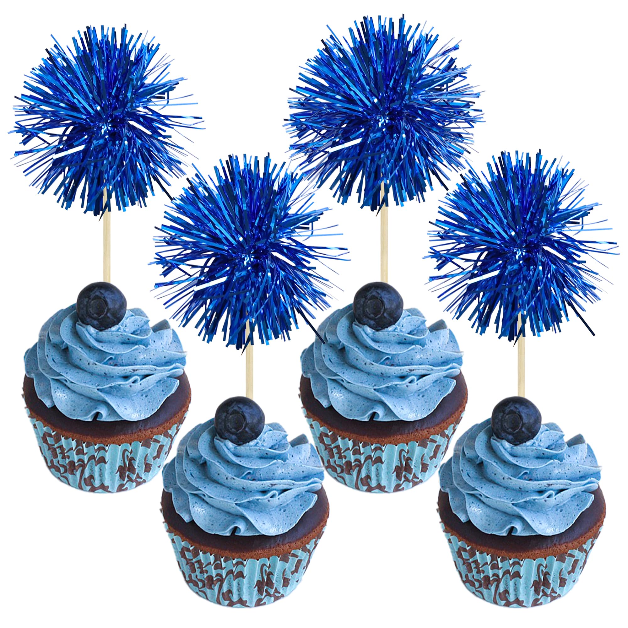 Gyufise 30Pcs Foil Firework Cupcake Toppers - Sparkle Tinsel Cake Decor (Dark Blue)