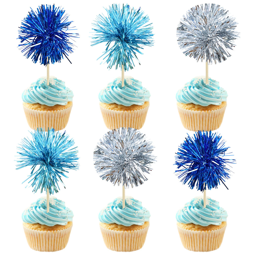 Gyufise 30Pcs Foil Firework Cupcake Toppers – Sparkle Tinsel Cake Decorations for Birthday Parties