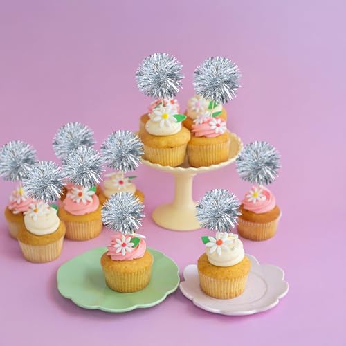 Gyufise 30Pcs Foil Firework Cupcake Toppers - Dark Silver Sparkle