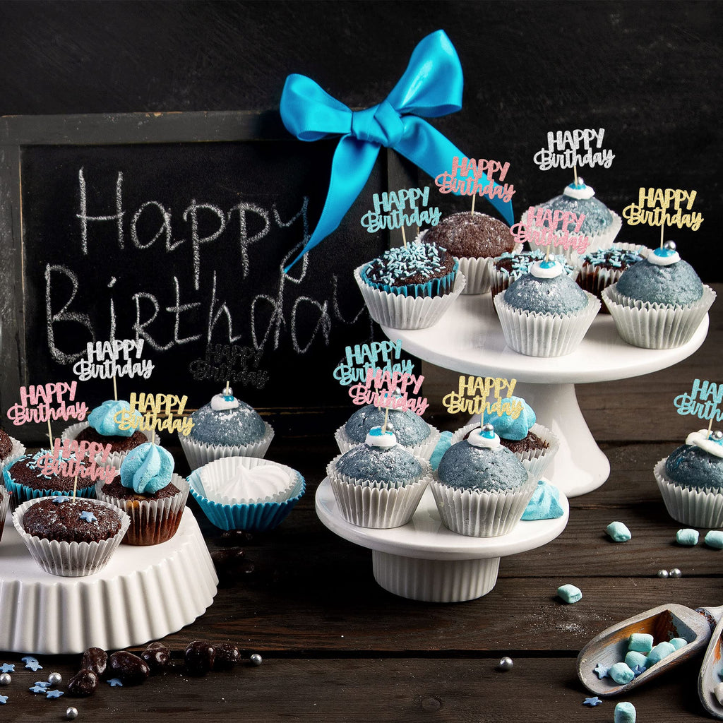 Gyufise 24Pcs Glitter Birthday Cupcake Toppers – 6 Colors, Ready-to-Insert Party Decor